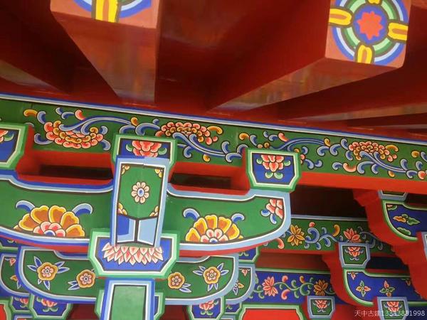 郑州园博园宋.五彩遍装彩画及水泥结构搽木纹漆效果